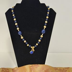 Blue and Gold Beaded Necklace with Alternating Pattern